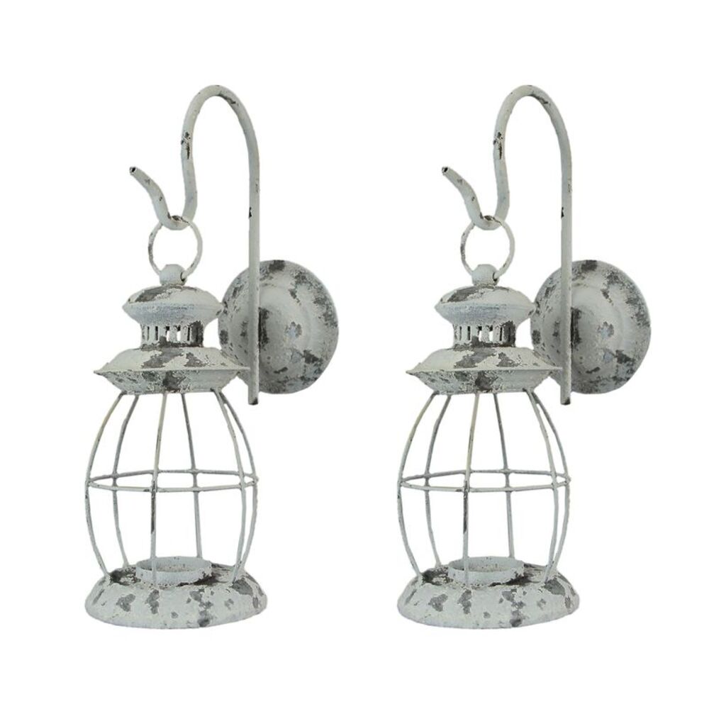 Set of 2 Rustic Distressed Metal Wall Mounted Railroad Lantern Hanging Sconces